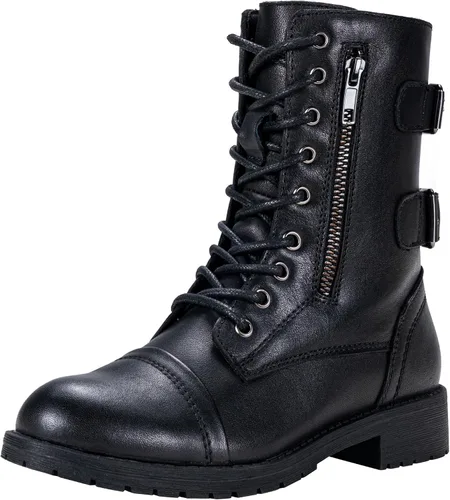 Vista 19 de Vepose Botas de combate para mujer, tacón bajo, botas militares a media pantorrilla con bolsillo para tarjetero, cuchillo y cartera