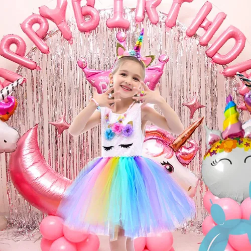 Vista 4 de GC Disfraz de unicornio para niñas vestido de tutú de arco iris con diadema atuendo de princesa para fiesta de cumpleaños Arcoiris Rainbow
