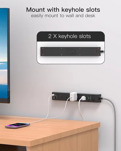 Vista 8 de Paquete de 2 cables de extensión de 10 pies con múltiples tomas, regleta protectora de sobretensiones con 6 tomas, 4 puertos USB, enchufe plano