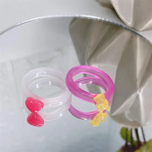 Vista 2 de 26 unids lindo Egirl color caramelo resina pequeño oso gomoso anillo dulce acrílico corazón anillo conjunto para mujeres niñas fiesta cumpleaños