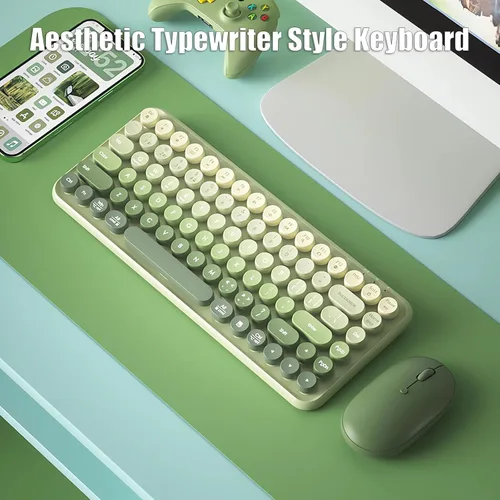 Vista 3 de Teclado de máquina de escribir inalámbrico de 2.4 GHz/Bluetooth/USB-C con cable de membrana recargable para juegos, interruptor de sensación
