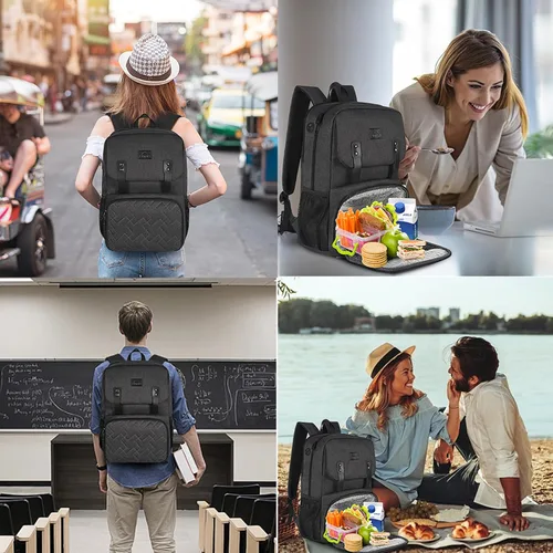 Vista 9 de Mochila de almuerzo para mujer, mochila térmica para computadora portátil con puerto de carga USB, bolsa impermeable para computadora de viaje