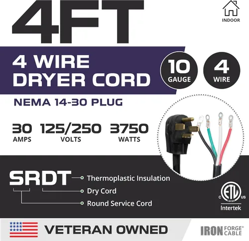 Vista 2 de Iron Forge Cable Cable de secado de 4 clavijas de 4 pies, negro 10/4 NEMA 14-30 enchufe cable de extensión de 30 amperios de 4 pies para secadora