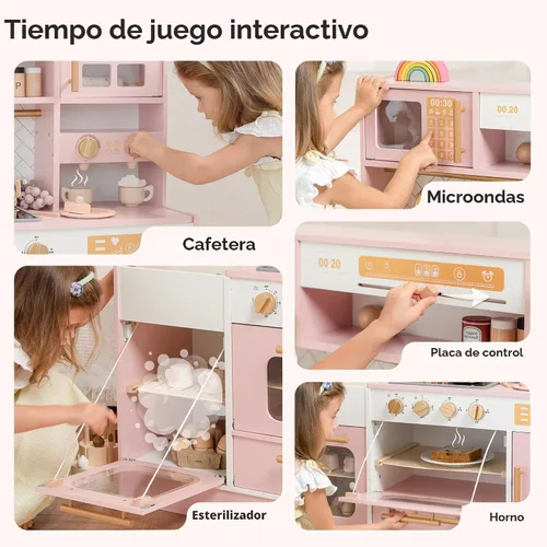Vista 4 de Cocina de Juguete de Madera Rosa para Niños - Electrodomésticos Realistas, Almacenamiento y 15 Accesorios Divertidos para Inspirar