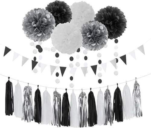 Vista 8 de Decoraciones de Fiesta de Halloween Negro-Morado Naranja Verde - 30 piezas Pompones de Papel Tissue, Serpentinas, Guirnalda de Borlas, Pancarta