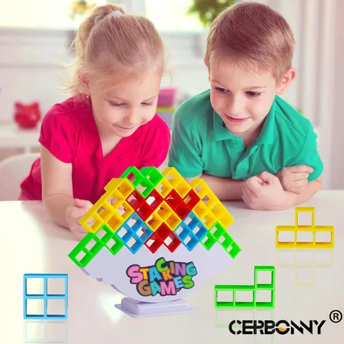 Vista 2 de CERBONNY Juego de 48 bloques apilables de torre Tetra, juegos de mesa para familias, fiestas, viajes y construcción de equipos, adecuado para 1-4