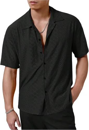 Vista 6 de VIPWOLF Camisa de playa con botones de manga corta con bordado de ojales para hombre