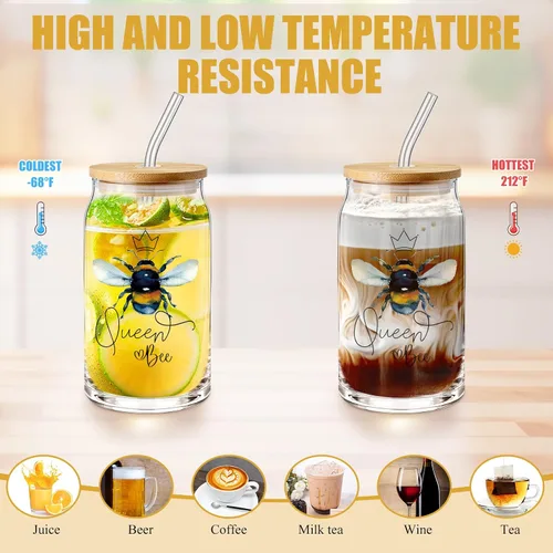 Vista 3 de Hushee - 3 piezas de regalos temáticos de abeja, bolsa de maquillaje feliz y taza de vidrio con tapa, llavero inspirador para profesores, amigas