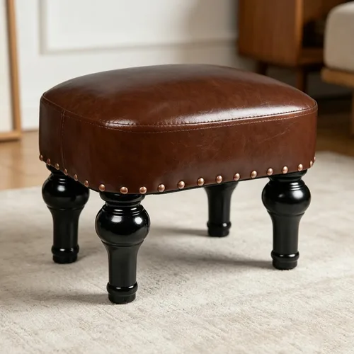 Vista 7 de Reposapiés de cuero otomano de madera, asiento rústico para pies, reposapiés de madera, reposapiés rectangular pequeño otomano para dormitorio, sala