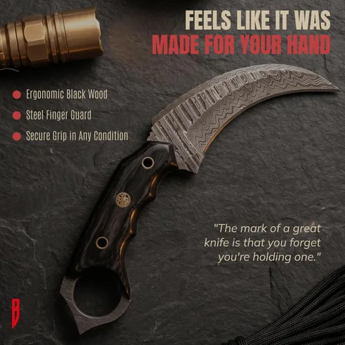 Vista 8 de BIGCAT ROAR Desert Fox - Cuchillo karambit de acero de Damasco hecho a mano de 7.5 pulgadas - Hoja fija curvada de espiga completa - Mango de madera