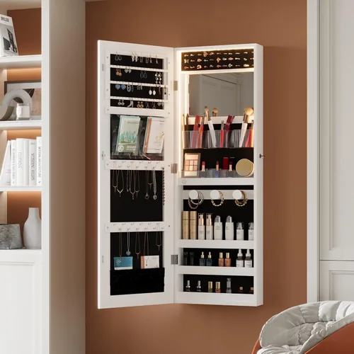 Vista 7 de Ylued Armario de joyería con espejo LED, organizador de joyas montado en la paredpuerta con espejo de longitud completa, espejo con cerradura