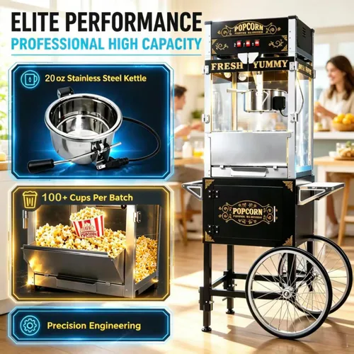 Vista 4 de 20 OZ Commercial Popcorn Machine with Cart - Stainless Steel Kettle Popper with Wheels, Warming Deck & Tempered Glass, for Business, School
