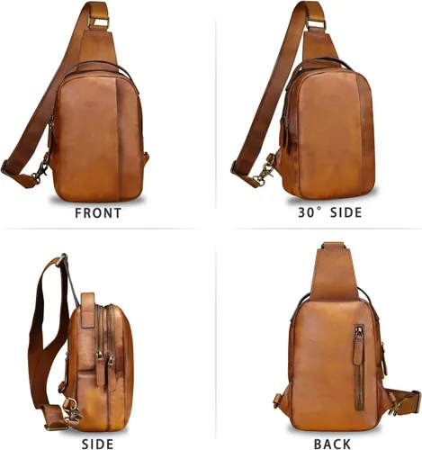 Vista 5 de LRTO Bolso de cuero genuino para hombres y mujeres, mochila bandolera de cuero real para el pecho, bolso cruzado, Marrón, Mochilas Sling