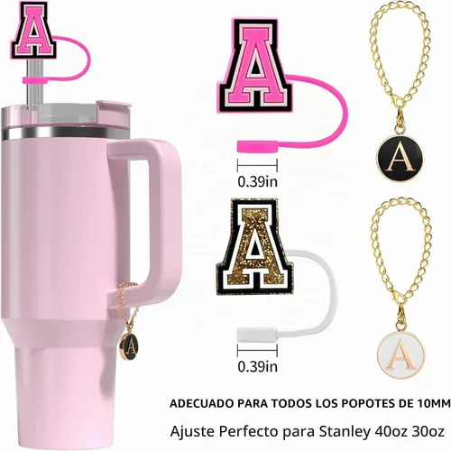 Vista 2 de Haundry 4 tapas de popote para copa Stanley de 30 onzas, 40 onzas, inicial, con 2 dijes de letras, accesorios para dije de identificación con nombre