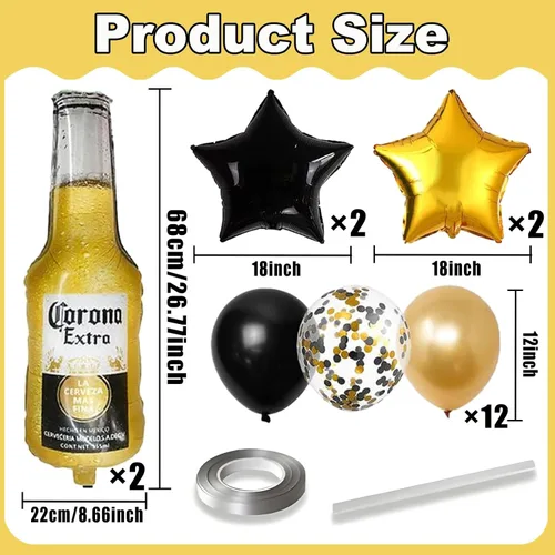 Vista 2 de 18 tazas de cerveza con temática de corona, decoración de fiesta para hombres, globos de felicitación, globos dorados y negros de estrella
