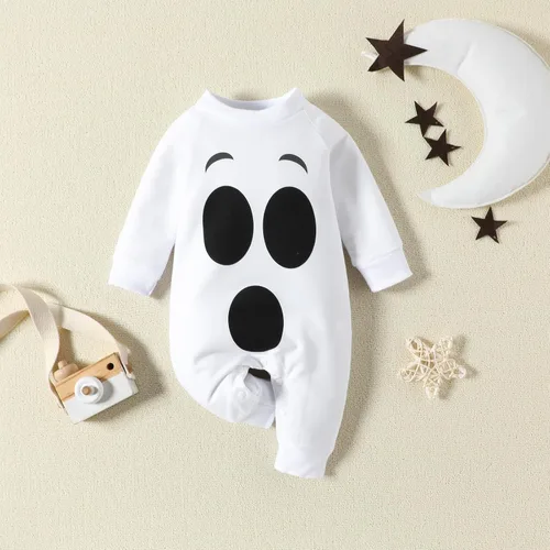 Vista 2 de Mameluco de Halloween para recién nacido, disfraz divertido de fantasma, disfraz de calabaza para niños y niñas, trajes para el día de todos