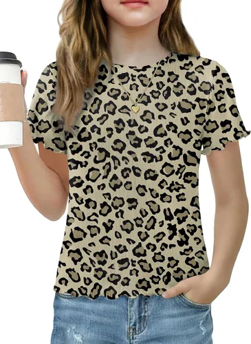 Vista 13 de Arshiner Camisas de manga corta con ribete de lechuga para niñas, camisetas de verano acanaladas con cuello redondo Blanco