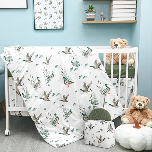 Vista 9 de Juego de ropa de cama de 4 piezas para cuna con animales del bosque, incluye falda de cuna de safari en la jungla, manta, sábana de cuna y apilador