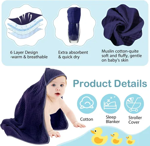 Vista 3 de Peryiter 6 piezas de toallas de muselina con capucha para bebé, toalla de baño de 81x81 cm de algodón para recién nacidos, mantas de bebé