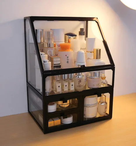 Vista 2 de MOOCHI Organizador de maquillaje cosmético de vidrio vintage negro con 3 cajones, juego de polvo impermeable para cosméticos, vitrina