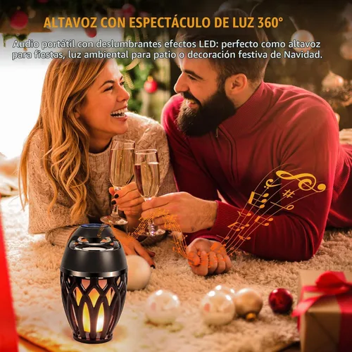 Vista 2 de Altavoces Bluetooth para exteriores, inalámbricos con llama LED, negro Diseño impermeable IPX5, Bluetooth 5.0, lámpara de llama LED, para fiesta