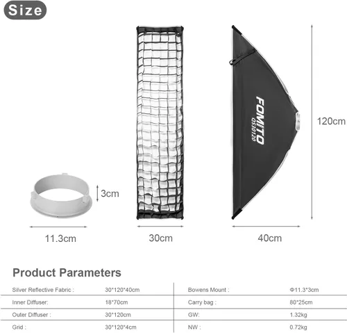 Vista 3 de FOMITO Caja de luz rectangular de liberación rápida de 11.8 x 47.2 pulgadas, caja de luz rectangular de montaje Bowens con rejilla de haz