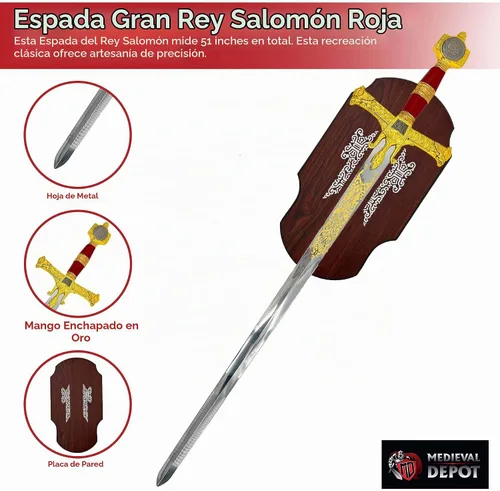 Vista 3 de Medievaldepot King Solomon Great Sword Red - Hoja de acero inoxidable, placa de exhibición, longitud total de 51 pulgadas