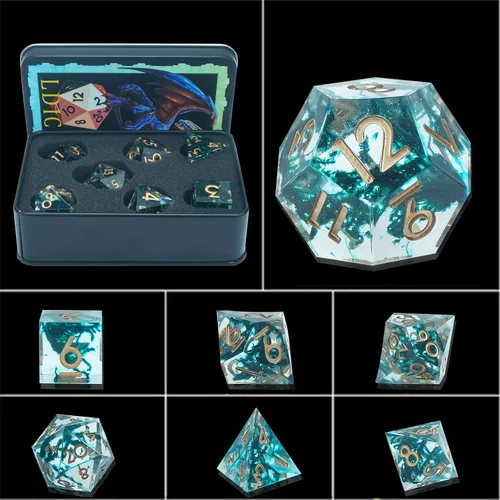 Vista 3 de DND - Juego de dados de borde afilado, 7 piezas de dados poliédricos DND con exquisito embalaje de caja de hoja, ideal para juegos de rol