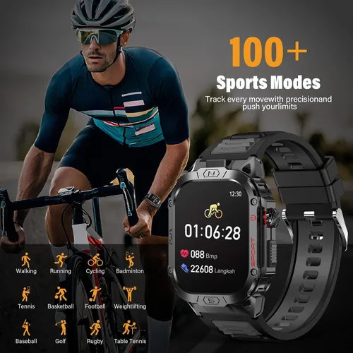 Vista 3 de Reloj inteligente militar para hombre, reloj inteligente deportivo al aire libre de 2.02 pulgadas con linterna, frecuencia cardíaca, oxígeno y Negro