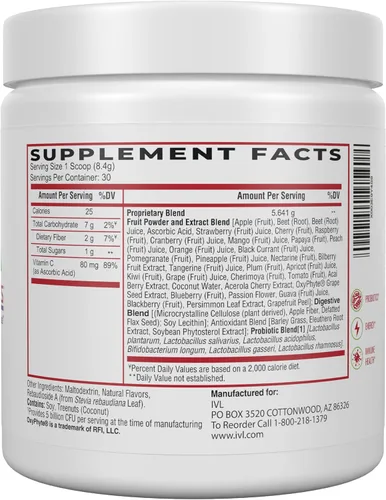 Vista 2 de IVL - Phyto Fruits Superfood Powder - Apoya la energía - Digestivo y probiótico - Antioxidante - Vegano - 40 frutas y nutrientes más 6 cepas