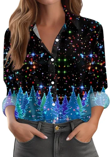 Vista 27 de Camisetas de San Valentín para mujer, camisas con botones, blusas de corazón, elegantes, informales, cuello de solapa, manga larga, suave, cómoda
