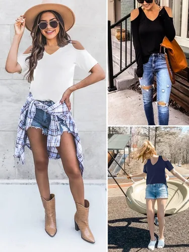 Vista 5 de Elesomo Camisetas básicas de verano de manga corta y larga con cuello en V para mujer