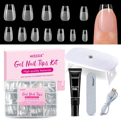 Vista 12 de Misssix Kit de puntas de uñas de gel cortas en forma de almendra, 216 piezas de uñas postizas transparentes pregrabadas, uñas postizas de cobertura