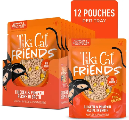 Vista 4 de Tiki Cat Aloha Friends Alimento húmedo y sin cereales para gatos de todas las edades, recetas de pollo con calabaza, sobres de 2.5 onzas