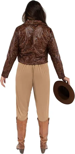Vista 7 de Jazwares Disfraz de Indiana Jones para mujer, camisa y chaqueta con logotipo, pantalones, cinturón con hebilla y sombrero