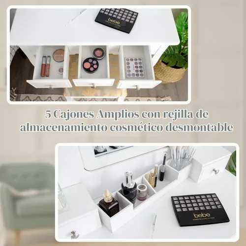 Vista 3 de CHARMAID Juego de tocador de maquillaje con espejo y taburete acolchado, tocador con 5 cajones y organizadores de almacenamiento extraíbles, mesa