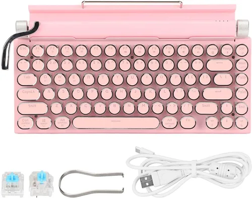 Vista 9 de Acogedor Teclado de máquina de escribir retro, vintage con interruptores azules, teclado mecánico multidispositivo para juegos, Android, iOS