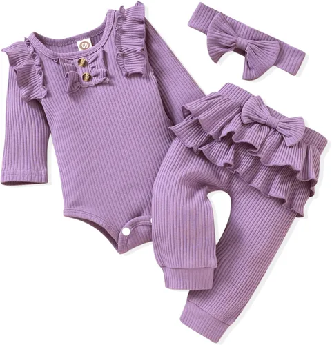 Vista 13 de Aalizzwell Conjunto de mameluco acanalado para bebés y niñas prematuros, para otoño e invierno Beige