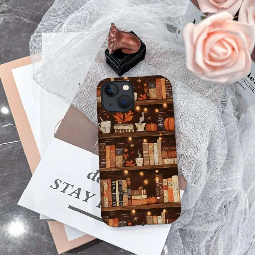 Vista 5 de Compatible con iPhone 13, Funda para teléfono duradera y a prueba de golpes con diseño de estantería de otoño - Calabaza de otoño Otoño Otoño