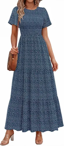 Vista 14 de PRETTYGARDEN - Vestido largo casual de verano para mujer, manga corta acampanada, bohemio, floral, cuello redondo, vestido blusón, escalonado