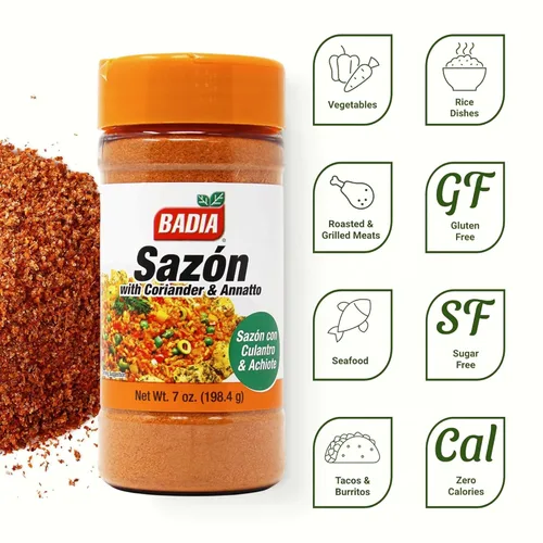 Vista 4 de Badia Sazon con cilantro y anatto, 7 oz - Mezcla de condimentos latinos Classic Latin seasoning blend with Coriander and Annatto for vibrant