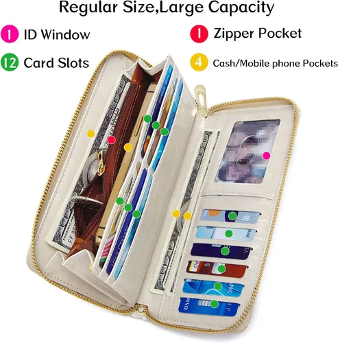 Vista 3 de Badiya Cartera para mujer con bloqueo RFID de cuero con cremallera de gran capacidad para tarjetas de crédito bolso largo Blanco