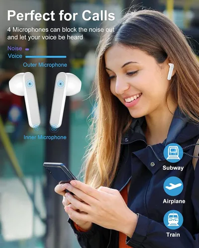 Vista 3 de KMOUK Qualcomm QCC3040 Bluetooth 5.2, auriculares impermeables IPX8, 4-Mic CVC8.0, reducción de ruido de llamada, 30 horas de reproducción