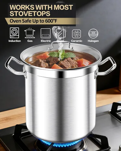 Vista 5 de STOCKPOT Olla de acero inoxidable de 20 cuartos de galón con tapa de vidrio templado, base de 3 capas, 8.8 libras, acabado pulido, adecuada