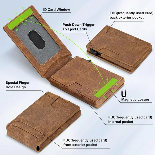 Vista 2 de Cartera inteligente para hombre, delgada, minimalista, con tarjetero, Cuero Marrón, Minimalista