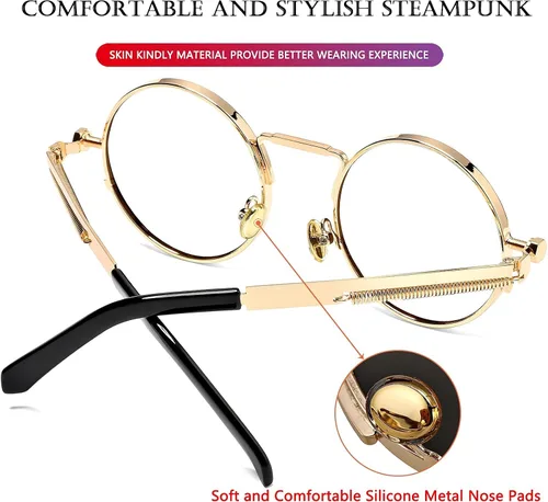 Vista 4 de AIEYEZO Gafas de sol redondas Steampunk con montura de metal gótico 100 bloqueo UV