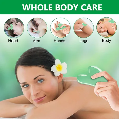 Vista 3 de esur Jade Gua Sha Juego de herramientas faciales, paquete de 2 herramientas Guasha para masajeador facial, raspador facial de piedra de jade natural