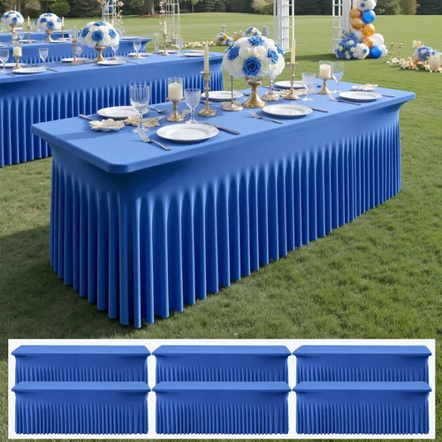 Vista 31 de Paquete de 2 manteles de elastano azul bebé de 6 pies con falda de mesa con volantes, manteles ajustables elásticos sin arrugas para mesas