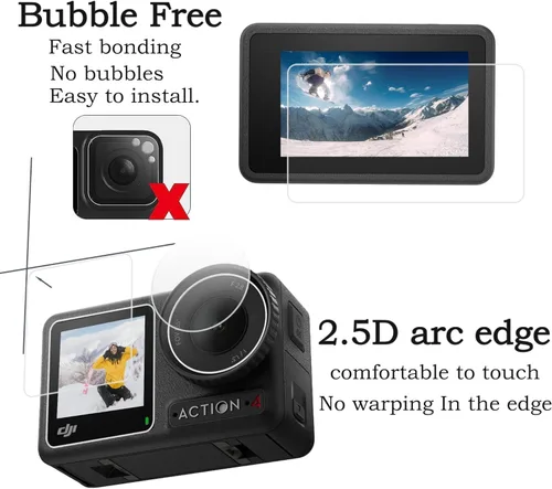 Vista 4 de PCTC Protector de pantalla para cámara DJI OSMO Action 4, protector de lente Osmo Action 4 + película de pantalla LCD de vidrio templado + cubierta