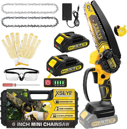 Vista 4 de XSEYE Mini motosierra inalámbrica de 6 pulgadas, sierra de cadena de batería pequeña de mano con lubricación automática, sierras eléctricas